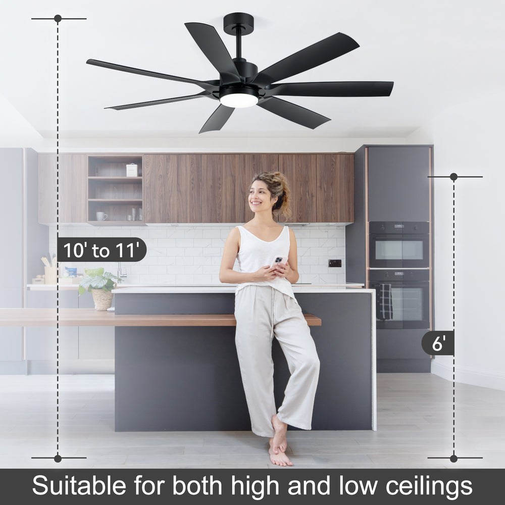 60-inch Modern Matte Black 7-Blade Ceiling Fan with 18W LED Light, 6-Speed DC Motor,Remote,3 Color Temps and Dual Downrods (6" & 12")