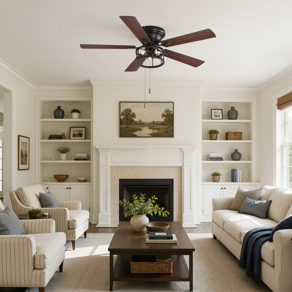 52-inch Indoor Black Ceiling Fan with Light Kit and Pull Chain Included