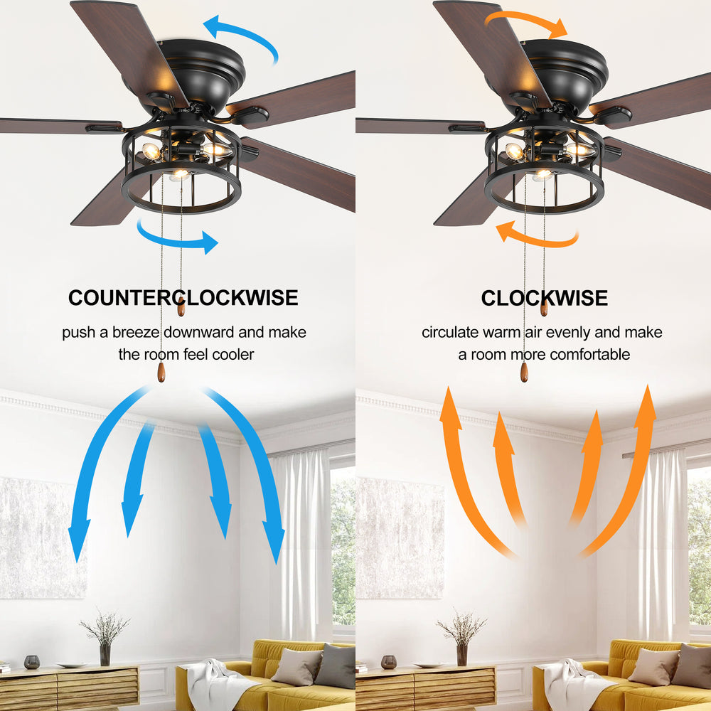 52-inch Indoor Black Ceiling Fan with Light Kit and Pull Chain Included