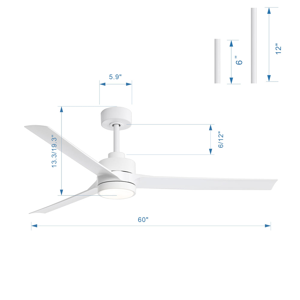 60-in Integrated LED Indoor Ceiling Fans with Light and Remote Control, 6" and 12" Downrod Included