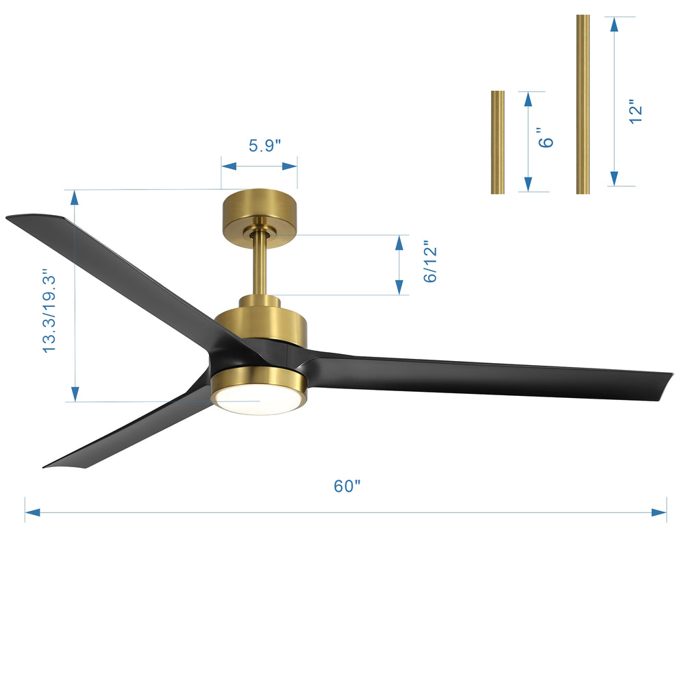 60-in Integrated LED Indoor Ceiling Fans with Light and Remote Control, 6" and 12" Downrod Included