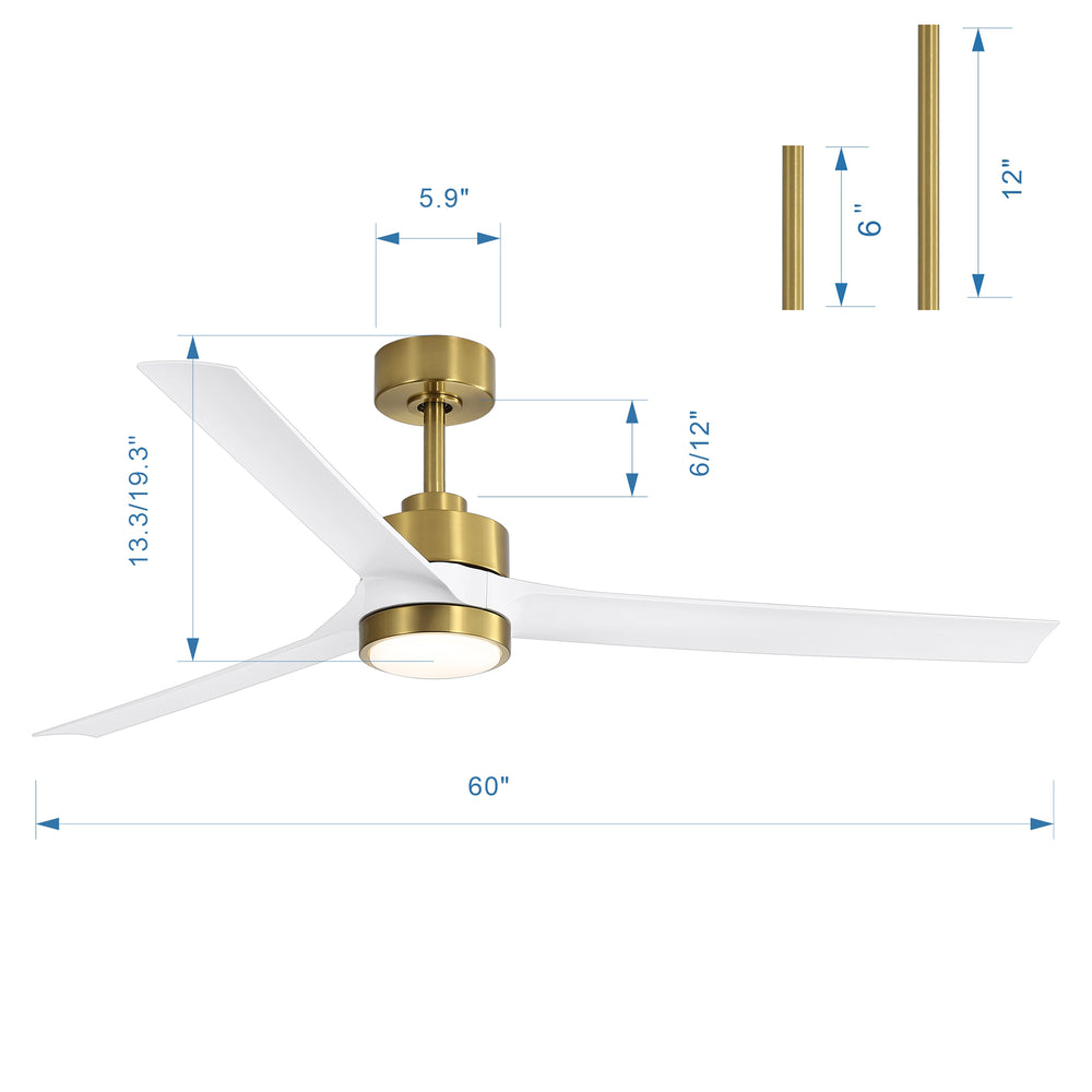 60-in Integrated LED Indoor Ceiling Fans with Light and Remote Control, 6" and 12" Downrod Included