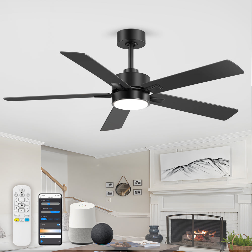 52-Inch Smart Ceiling Fan with Remote/APP/Alexa Control,Dimmable 3CCT (3000K/4000K/5700K), Quiet DC Motor, 6 Speeds, Reversible, Matte Black for Bedroom Living Room