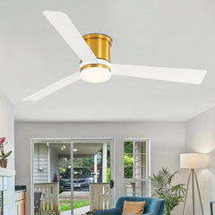 White and Gold Ceiling Fan with Light, 52 Inch 3-Blade Ceiling Fans with LED Light Remote Control with Reversible DC Motor, Flush Mount for Indoor Bedroom Kitchen Farmhouse