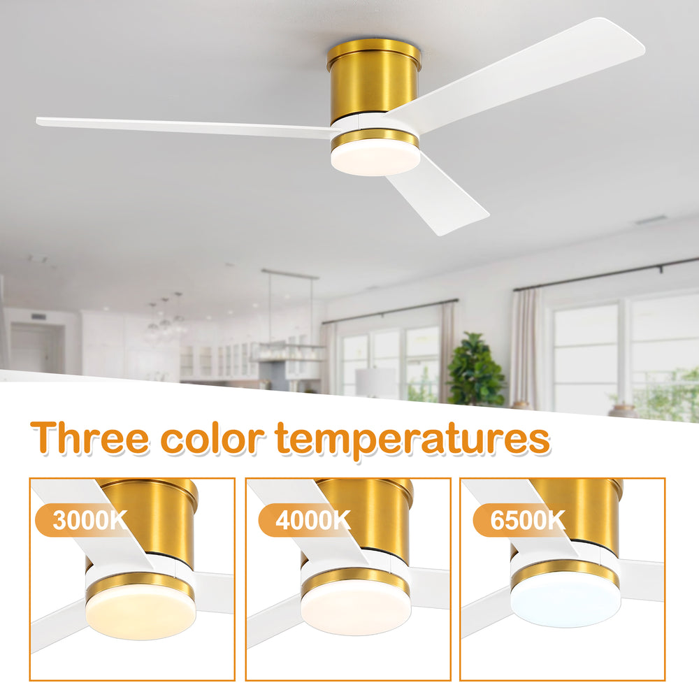 52 Inch 3-Blade Ceiling Fan with Light, Ceiling Fans with LED Light Remote Control with Reversible DC Motor, Flush Mount for Indoor Bedroom Kitchen Farmhouse