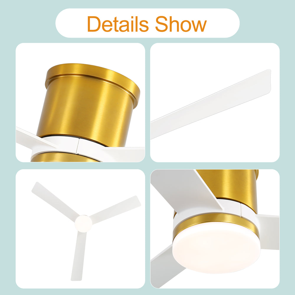 52 Inch 3-Blade Ceiling Fan with Light, Ceiling Fans with LED Light Remote Control with Reversible DC Motor, Flush Mount for Indoor Bedroom Kitchen Farmhouse