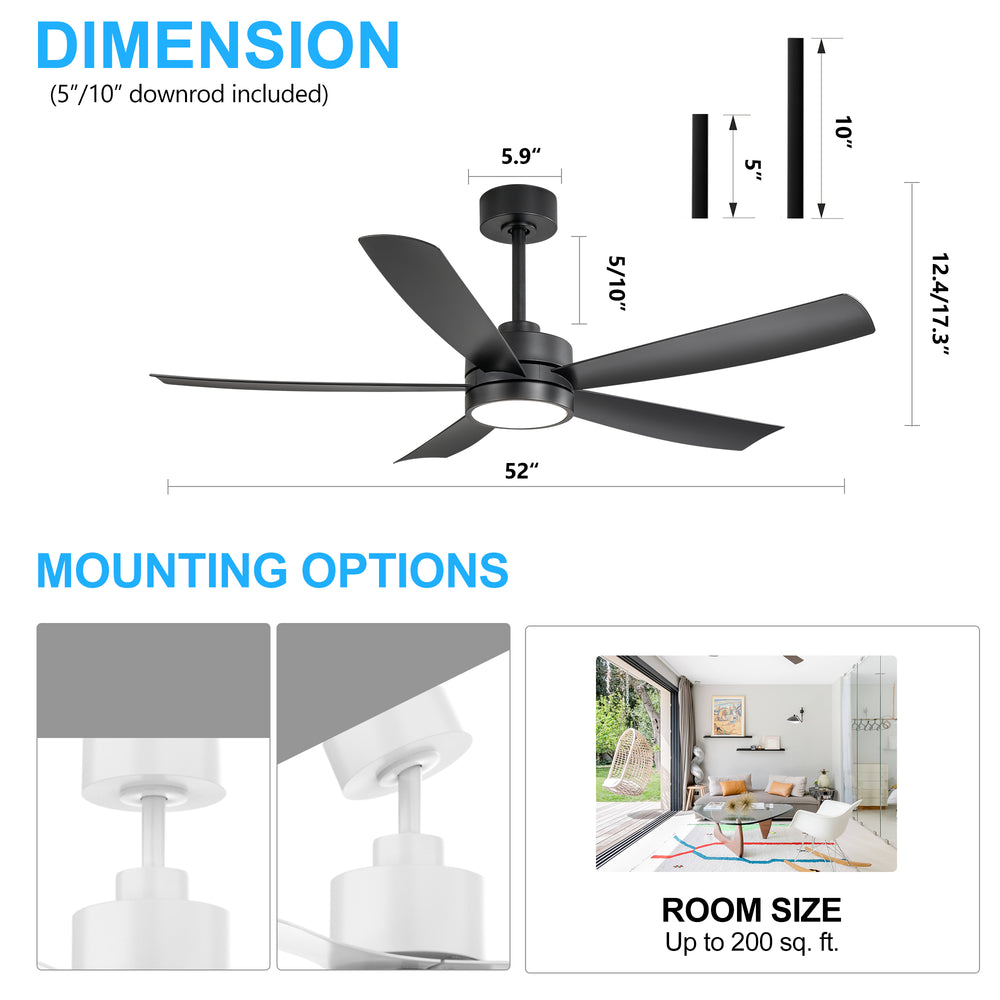 52-inch 5-Blade LED Ceiling Fan with Light and Remote,5" and 10" Downrods Included