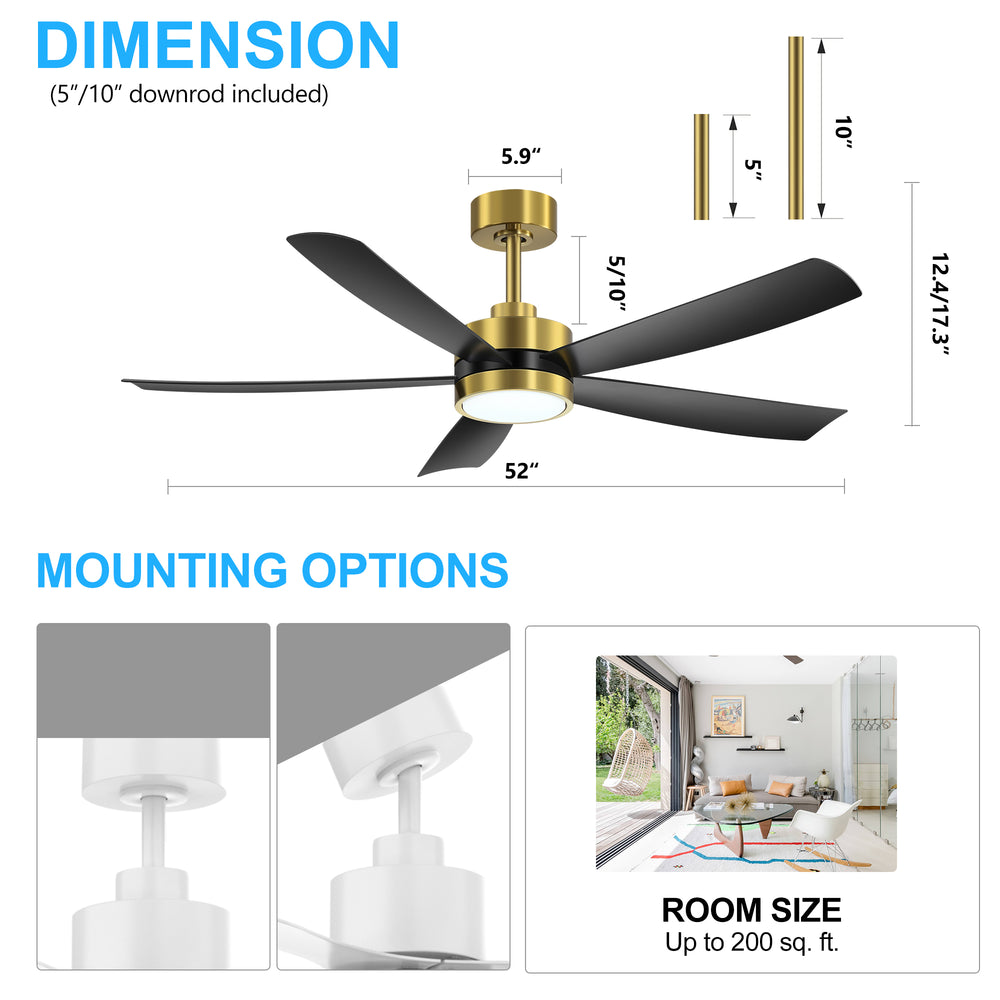 52-inch 5-Blade LED Ceiling Fan with Light and Remote,5" and 10" Downrods Included