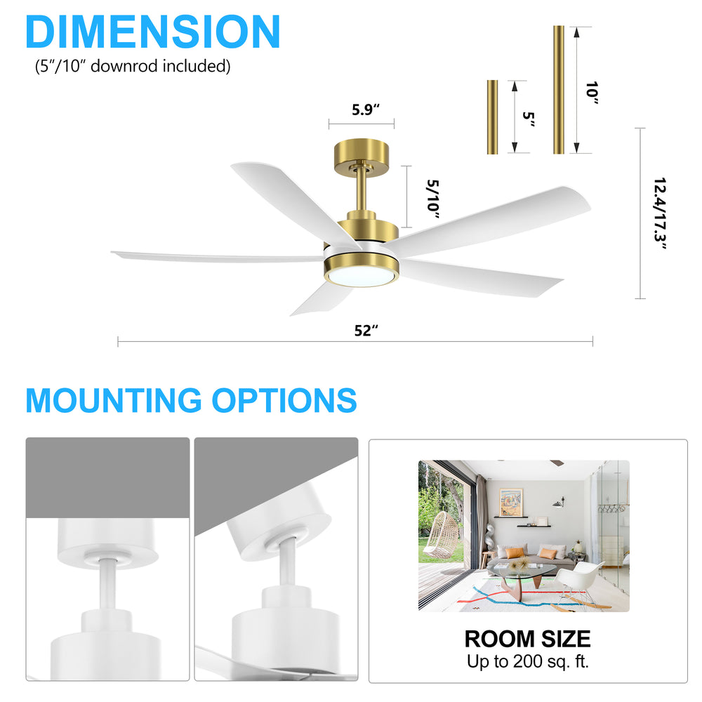 52-inch 5-Blade LED Ceiling Fan with Light and Remote,5" and 10" Downrods Included