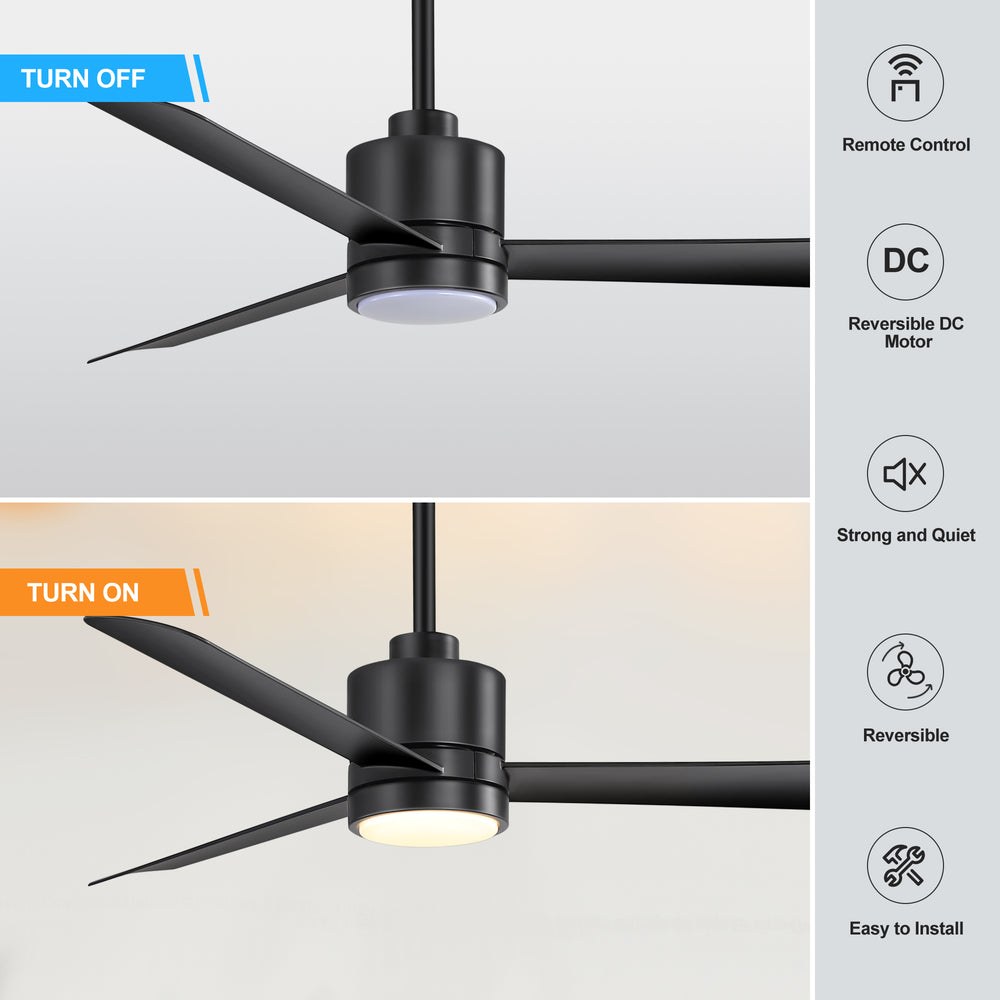 52 Inch Ceiling Fan with Led Lights, 3-Blade Industrial Ceiling Fan Remote Control, Reversible DC Motor, 6-Speed, Low Profile Ceiling Fans for Bedroom Kitchen