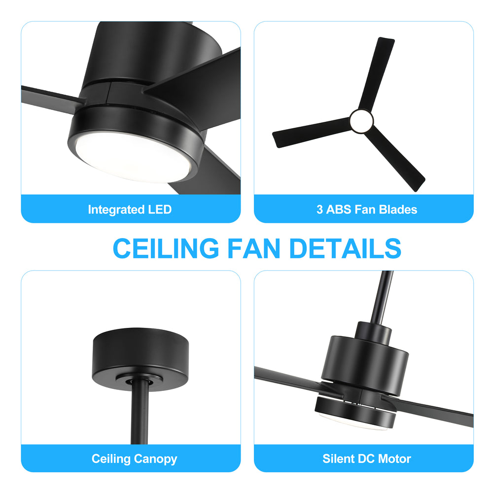 52 Inch Ceiling Fan with Led Lights, 3-Blade Industrial Ceiling Fan Remote Control, Reversible DC Motor, 6-Speed, Low Profile Ceiling Fans for Bedroom Kitchen