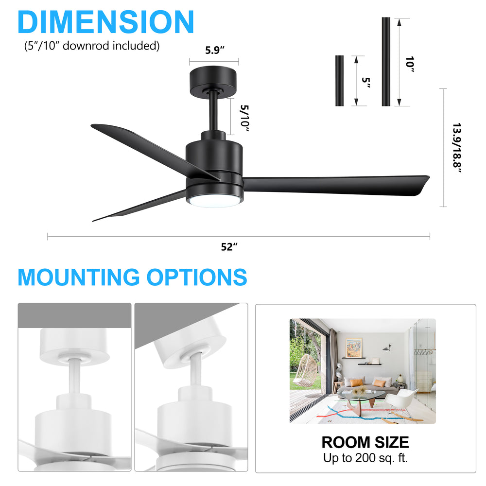 52 Inch Ceiling Fan with Led Lights, 3-Blade Industrial Ceiling Fan Remote Control, Reversible DC Motor, 6-Speed, Low Profile Ceiling Fans for Bedroom Kitchen