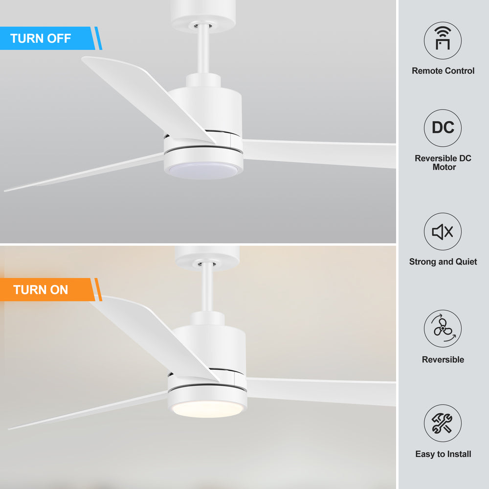 52 Inch Ceiling Fan with Led Lights, 3-Blade Industrial Ceiling Fan Remote Control, Reversible DC Motor, 6-Speed, Low Profile Ceiling Fans for Bedroom Kitchen