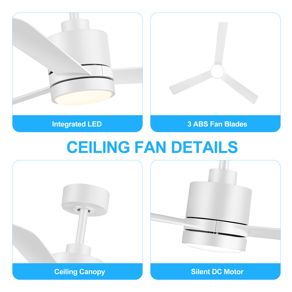 52 Inch Ceiling Fan with Led Lights, 3-Blade Industrial Ceiling Fan Remote Control, Reversible DC Motor, 6-Speed, Low Profile Ceiling Fans for Bedroom Kitchen