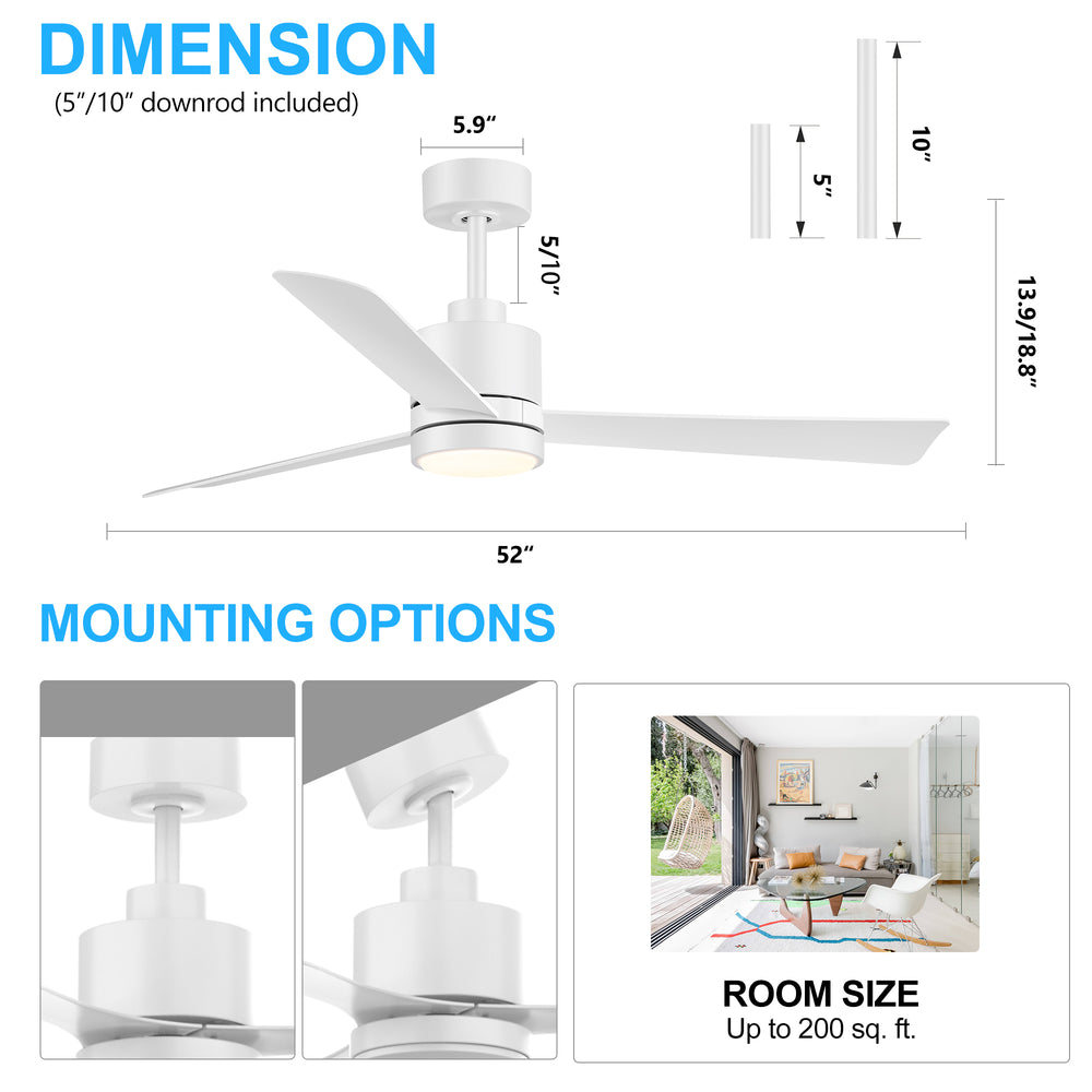 52 Inch Ceiling Fan with Led Lights, 3-Blade Industrial Ceiling Fan Remote Control, Reversible DC Motor, 6-Speed, Low Profile Ceiling Fans for Bedroom Kitchen
