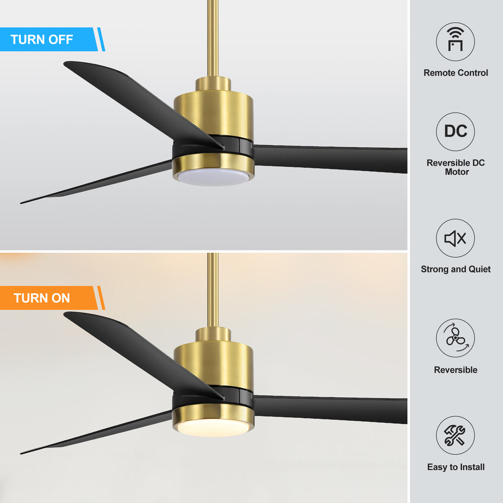52 Inch Ceiling Fan with Led Lights, 3-Blade Industrial Ceiling Fan Remote Control, Reversible DC Motor, 6-Speed, Low Profile Ceiling Fans for Bedroom Kitchen
