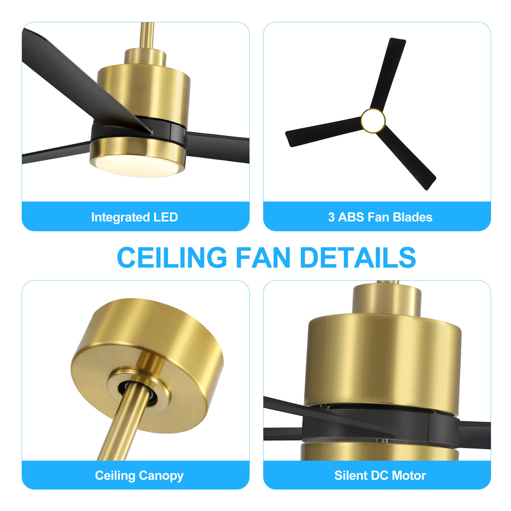 52 Inch Ceiling Fan with Led Lights, 3-Blade Industrial Ceiling Fan Remote Control, Reversible DC Motor, 6-Speed, Low Profile Ceiling Fans for Bedroom Kitchen