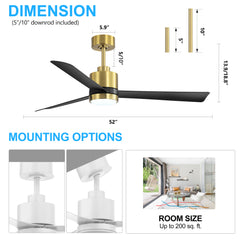 52 Inch Ceiling Fan with Led Lights, 3-Blade Industrial Ceiling Fan Remote Control, Reversible DC Motor, 6-Speed, Low Profile Ceiling Fans for Bedroom Kitchen