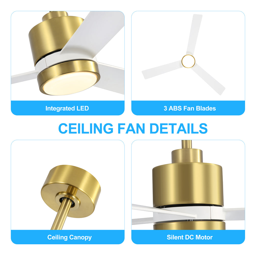 52 Inch Ceiling Fan with Led Lights, 3-Blade Industrial Ceiling Fan Remote Control, Reversible DC Motor, 6-Speed, Low Profile Ceiling Fans for Bedroom Kitchen