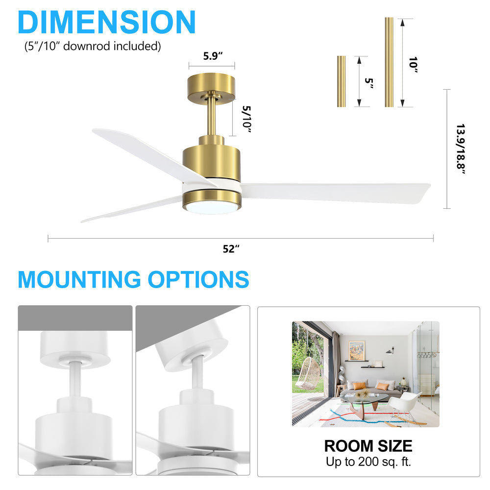 52 Inch Ceiling Fan with Led Lights, 3-Blade Industrial Ceiling Fan Remote Control, Reversible DC Motor, 6-Speed, Low Profile Ceiling Fans for Bedroom Kitchen