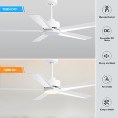 52 inch Ceiling Fans with Lights, 5-Blade Ceiling Fan with Remote Control, Quiet Reversible DC Motor, Timer, 6-Speed, Easy Install, Industrial Ceiling Fan for Porch Living Room