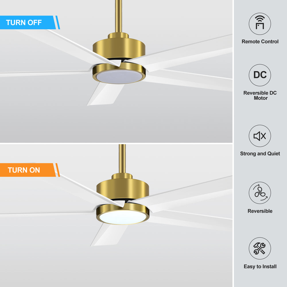 52 inch Ceiling Fans with Lights, 5-Blade Ceiling Fan with Remote Control, Quiet Reversible DC Motor, Timer, 6-Speed, Easy Install, Industrial Ceiling Fan for Porch Living Room