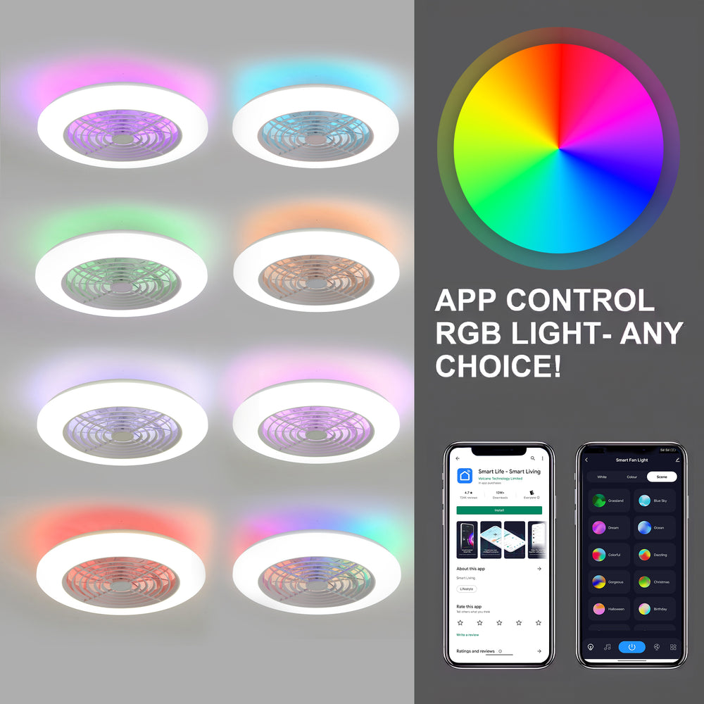 19-in Low Profile Ceiling Fan with Light, RGB Dimmable LED Enclosed Ceiling Fans with Remote