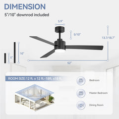 52-inch 3-Blade Integrated Ceiling Fan with LED Light and Remote, 5" and 10" Downrods Included