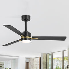 52" Ceiling Fans with Lights, Black Modern Ceiling Fan with Remote, Farmhouse Indoor Ceiling Fan,Quiet & Strong Motor, Bright LED Light for Bedroom,6 Speeds Silent Reversible DC Motor