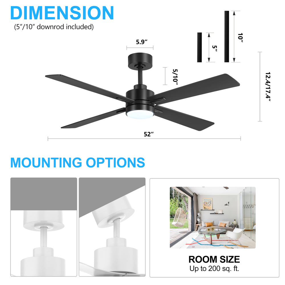 52 inch 4-Blade Ceiling Fans with Lights, Quiet Reversible DC Motor, 6-Speed, Timer, Industrial Black Ceiling Fan Remote Control, Led Fandelier Ceiling Fan for Bedroom Living Room