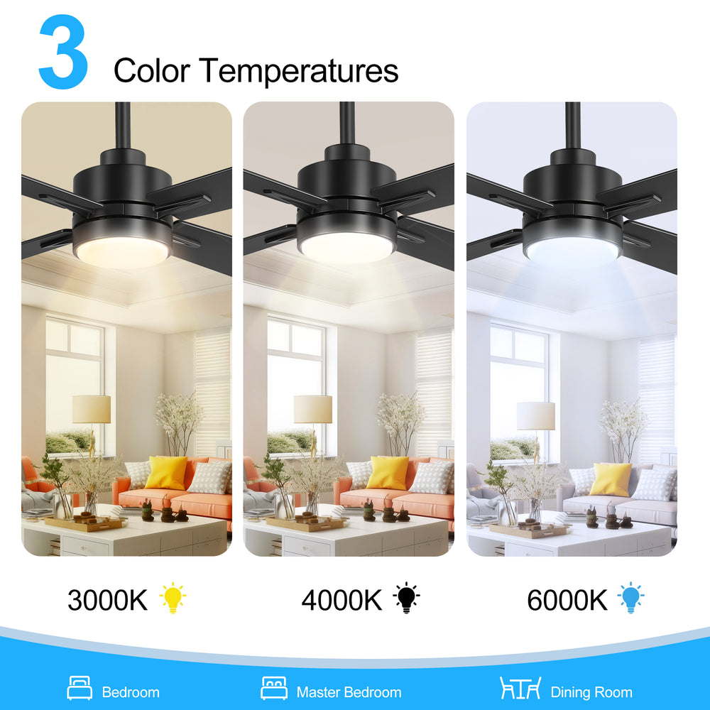 52 inch 4-Blade Ceiling Fans with Lights, Quiet Reversible DC Motor, 6-Speed, Timer, Industrial Black Ceiling Fan Remote Control, Led Fandelier Ceiling Fan for Bedroom Living Room