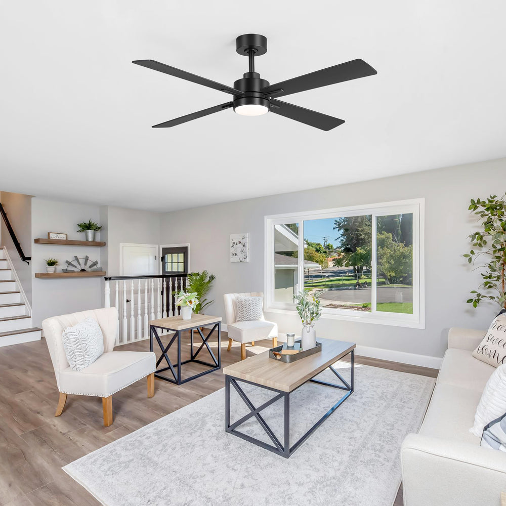 52 inch 4-Blade Ceiling Fans with Lights, Quiet Reversible DC Motor, 6-Speed, Timer, Industrial Black Ceiling Fan Remote Control, Led Fandelier Ceiling Fan for Bedroom Living Room