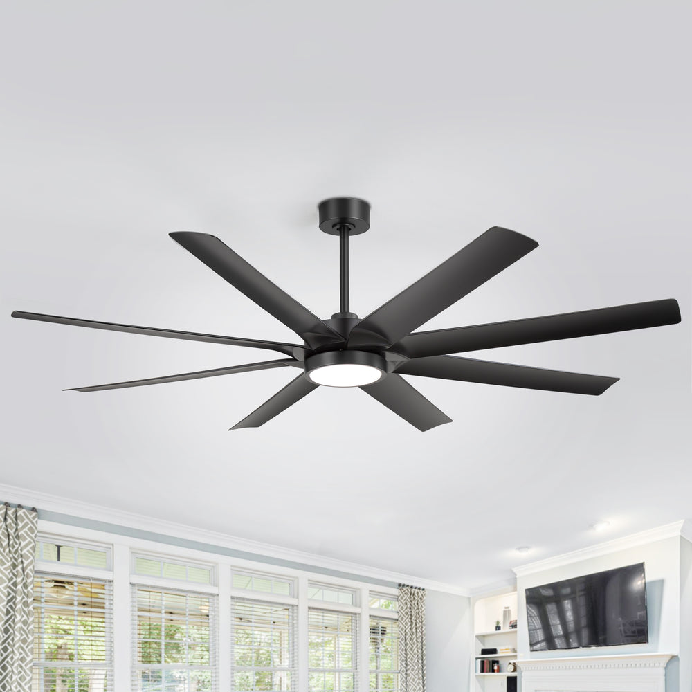 Breezary 72" 8-Blade Silent DC Motor Industrial Ceiling Fan with Integrated LED Light - Black