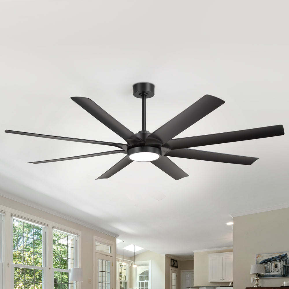 Breezary 72" 8-Blade Silent DC Motor Industrial Ceiling Fan with Integrated LED Light - Black