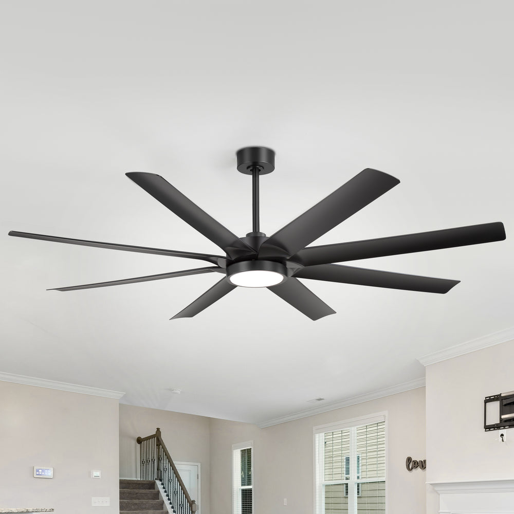 Breezary 72" 8-Blade Silent DC Motor Industrial Ceiling Fan with Integrated LED Light - Black