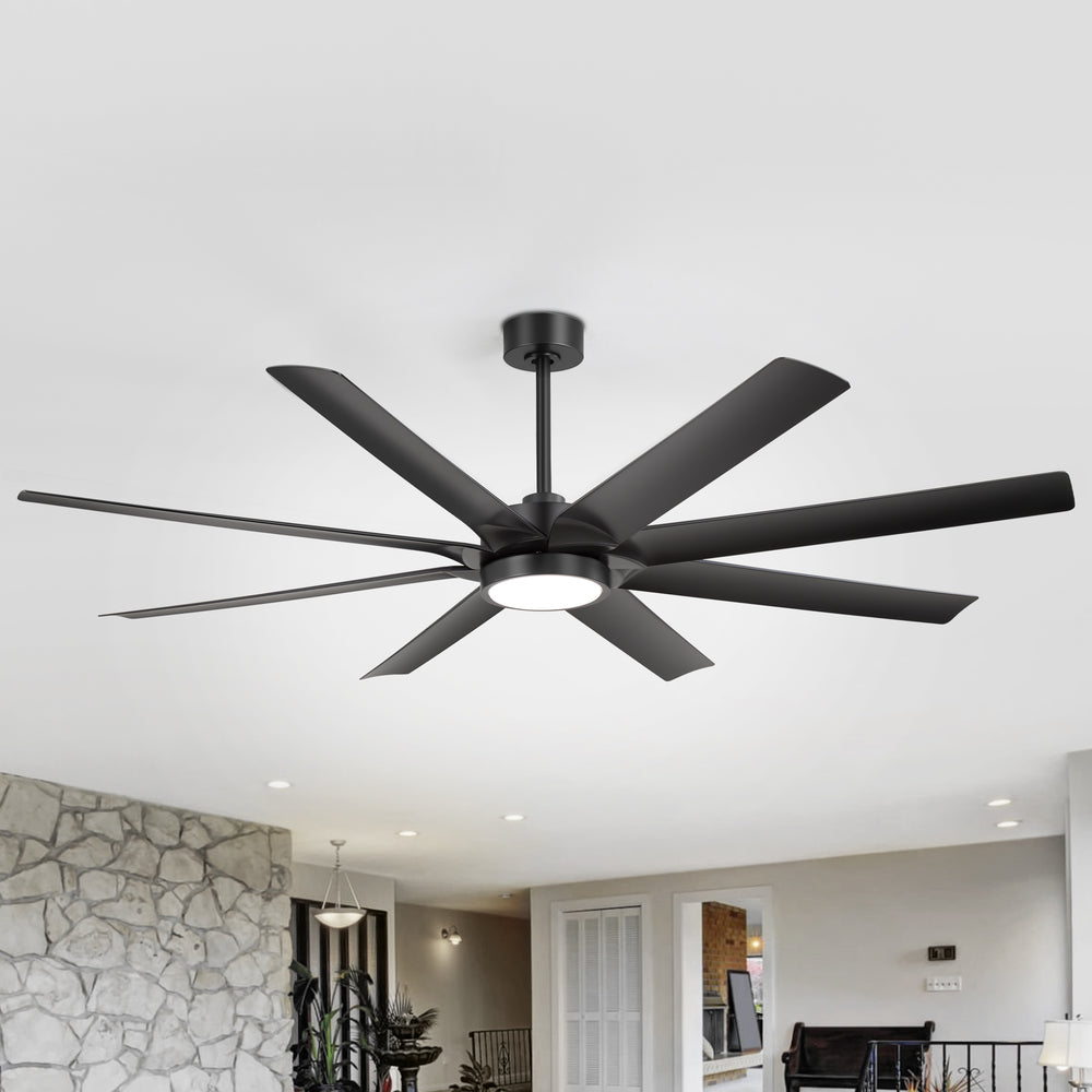 Breezary 72" 8-Blade Silent DC Motor Industrial Ceiling Fan with Integrated LED Light - Black