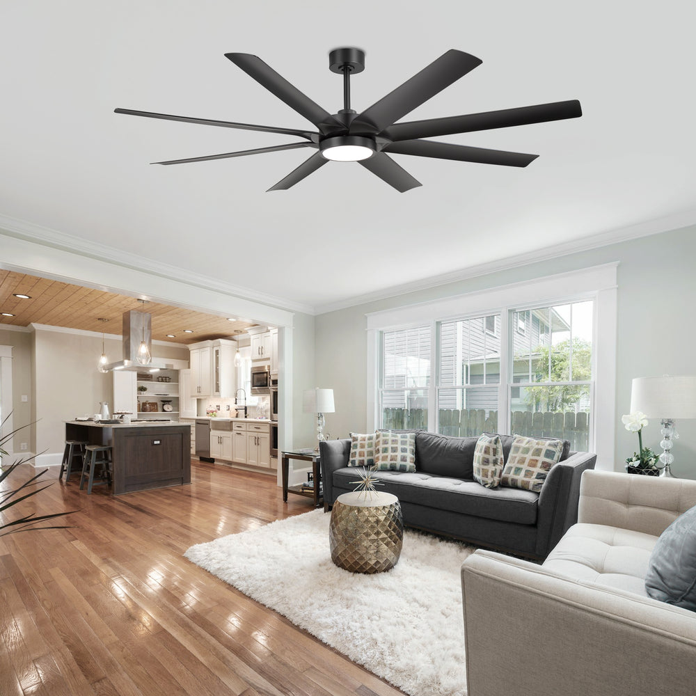 Breezary 72" 8-Blade Silent DC Motor Industrial Ceiling Fan with Integrated LED Light - Black