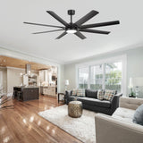 Rowora 72-inch black 8-blade ceiling fan with light installed in a modern open-concept living room and kitchen