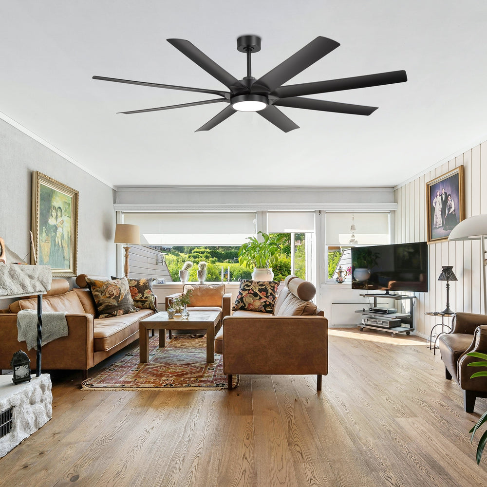 Breezary 72" 8-Blade Silent DC Motor Industrial Ceiling Fan with Integrated LED Light - Black