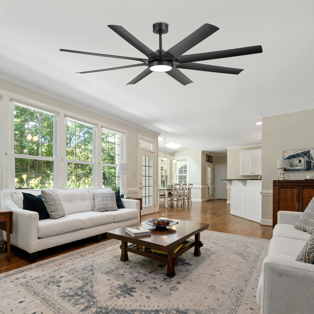 Breezary 72" 8-Blade Silent DC Motor Industrial Ceiling Fan with Integrated LED Light - Black