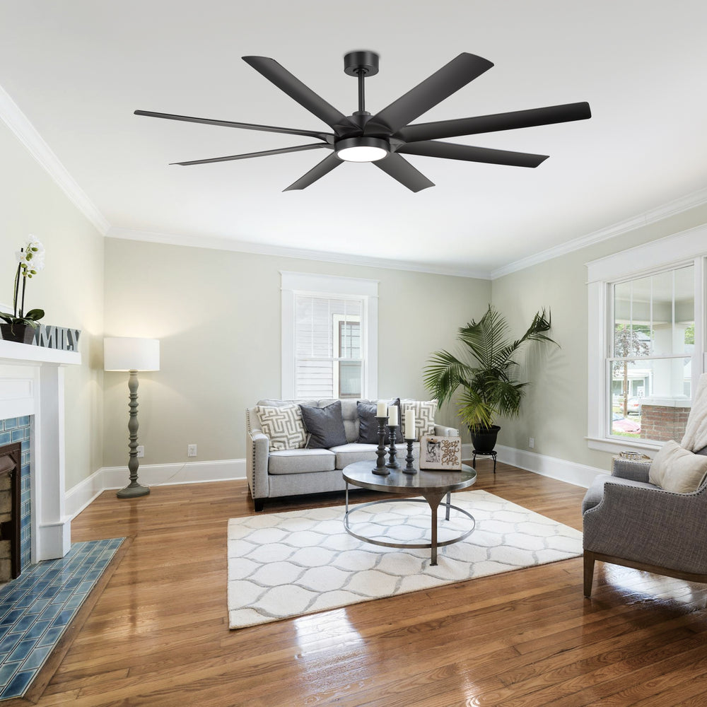 Breezary 72" 8-Blade Silent DC Motor Industrial Ceiling Fan with Integrated LED Light - Black