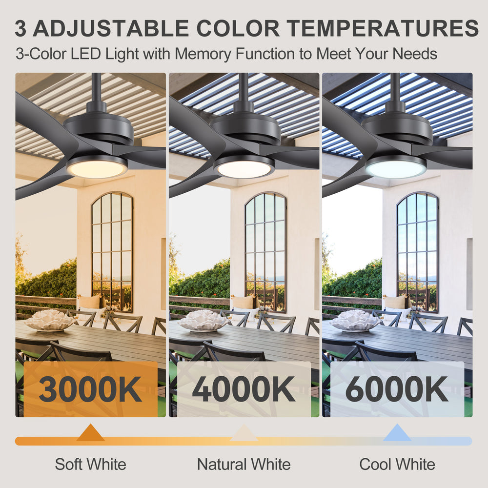 52-in 3-Blade Waterproof Outdoor Ceiling Fan with Dimmable LED Light Remote,5" and 10" Downrod Included