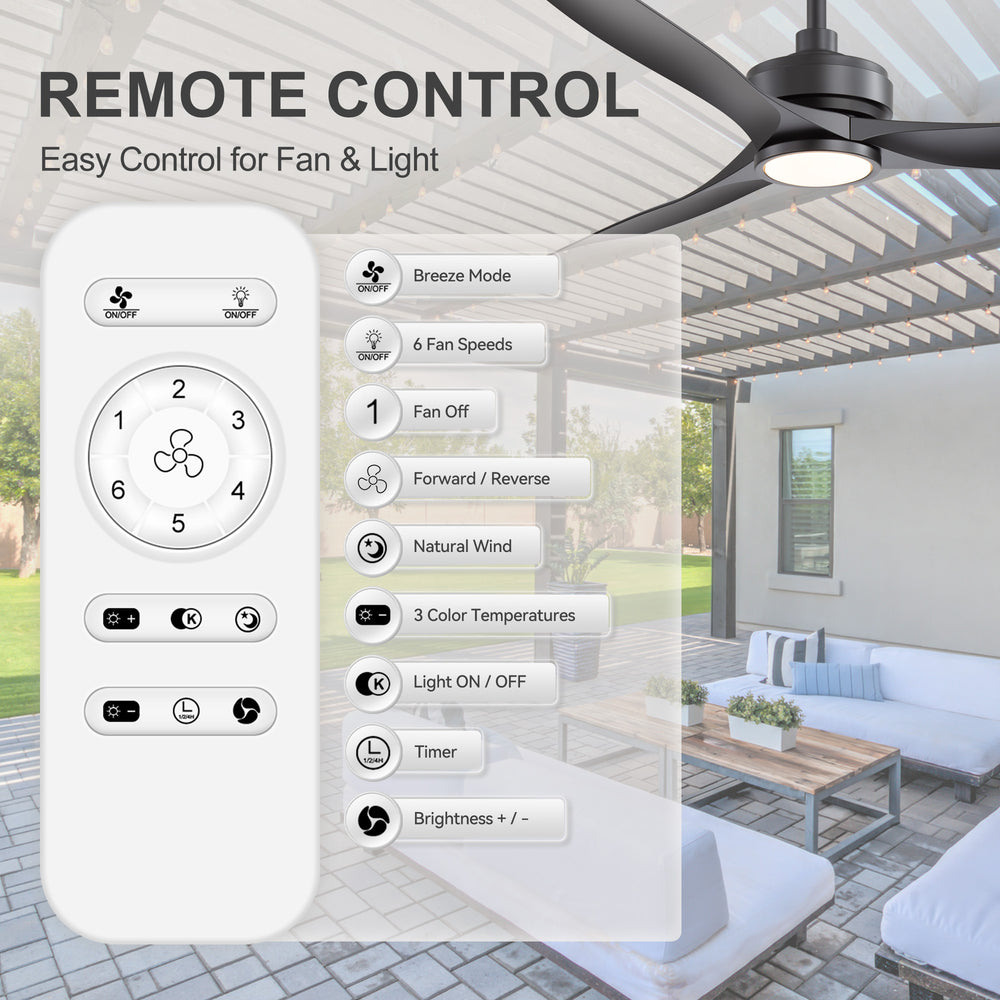 52-in 3-Blade Waterproof Outdoor Ceiling Fan with Dimmable LED Light Remote,5" and 10" Downrod Included