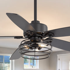 52-inch  Industrial 5-Blade Black Ceiling Fan with Light Kit, Remote Control, Reversible Wood Blades, 6-Speed DC Motor, 5" & 10" Downrod