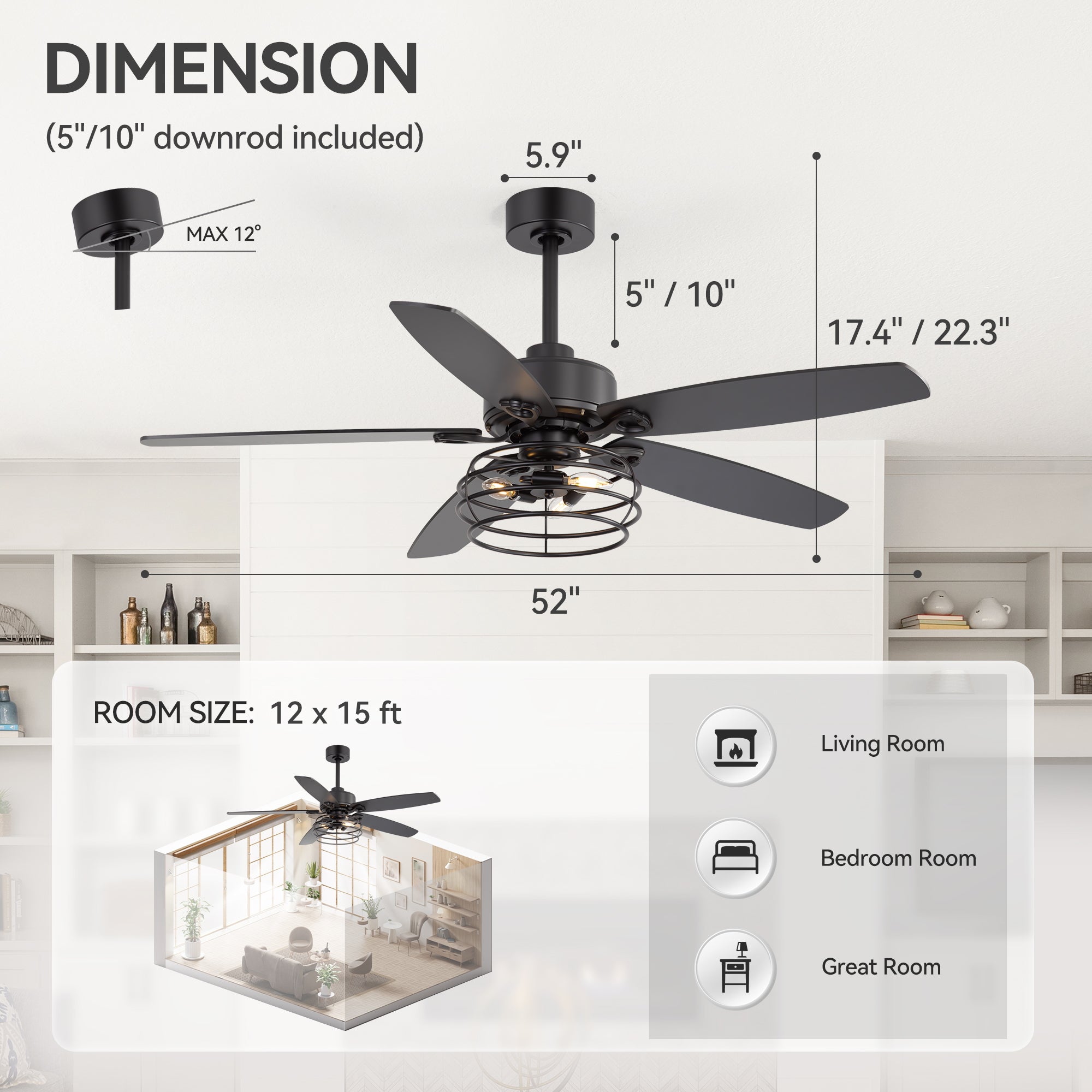 Black Ceiling Fan With Light 52 Inch Farmhouse Ceiling Fans With Lights  Remote Reversible Silent DC Motor 6 Speeds Black Caged Industrial Ceiling  Fans For Bedroom Rustic Ceiling Fan With Light, image size:2000x2000