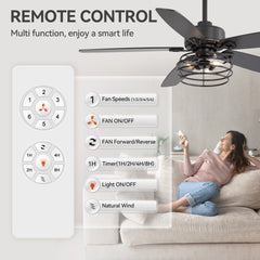 52-inch  Industrial 5-Blade Black Ceiling Fan with Light Kit, Remote Control, Reversible Wood Blades, 6-Speed DC Motor, 5" & 10" Downrod