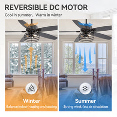 52-inch Industrial 5-Blade Black Ceiling Fan with Light Kit, Remote Control, Reversible Wood Blades, 6-Speed DC Motor, 5" & 10" Downrod