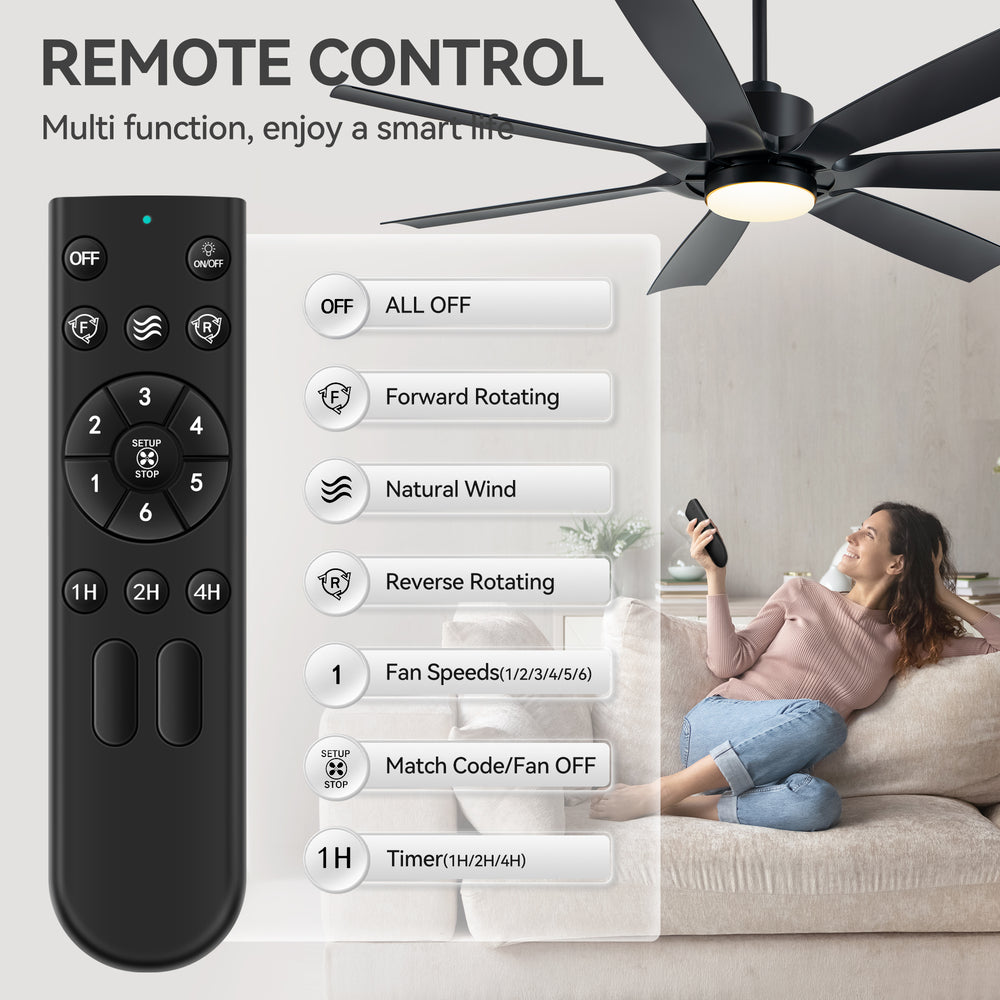 60-inch Modern Matte Black 7-Blade Ceiling Fan with 18W LED Light, 6-Speed DC Motor,Remote,3 Color Temps and Dual Downrods (6" & 12")