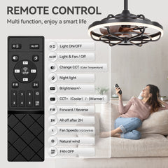 19.7-inch Caged Ceiling Fan with Light – Matte Black Finish, Quiet DC Motor, Remote Control,5 ABS Blades, Dimmable LED with 3 Color Temperatures,2 Downrods Included（6" & 10" ）