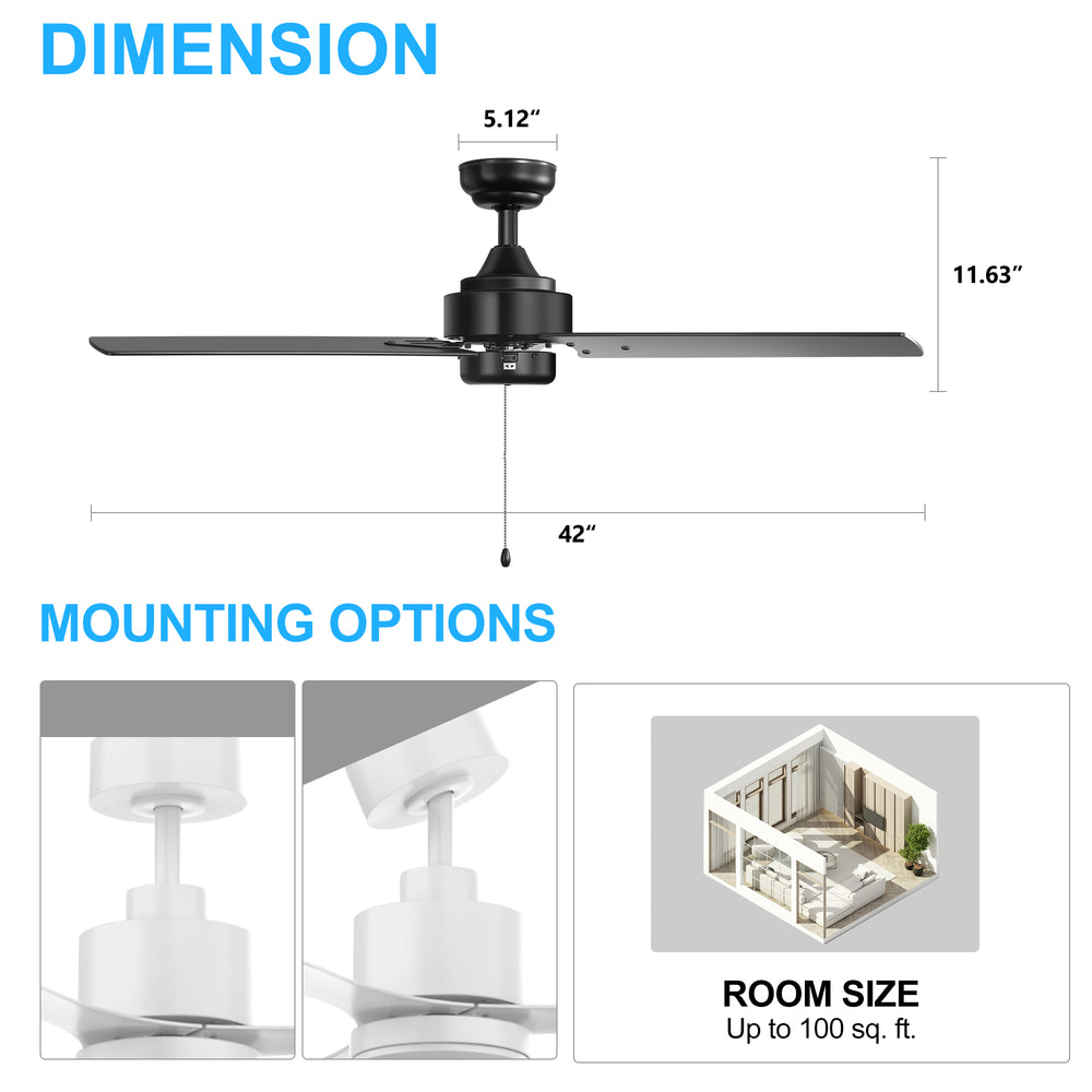 52 Inch 3-Blade Black/White 3-Speed Ceiling Fan with Pull Chain without Light